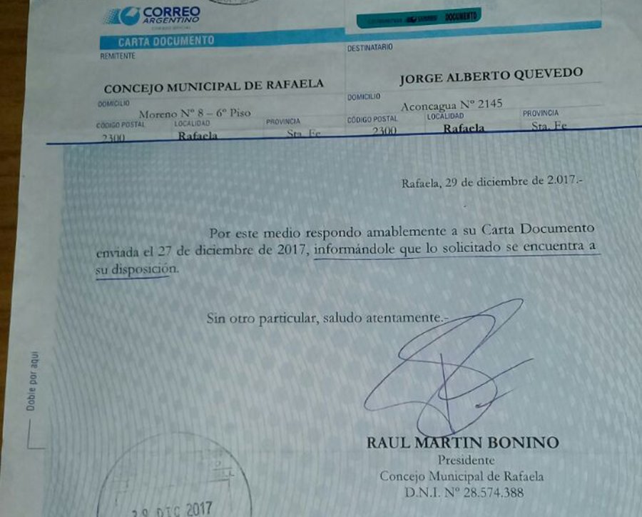 CARTA DOCUMENTO./ Fue la respuesta de Ra&uacute;l Bonino a Jorge Quevedo.