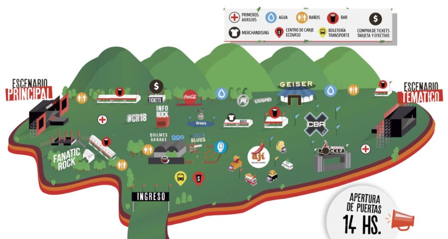 JOSE PALAZZO ESCENARIO. El Espacio C&oacute;rdoba Rockea se termin&oacute; de armar ayer; ah&iacute; estar&aacute;n tocando los chicos de 4to Tiempo. PRENSA CR MAPA. As&iacute; est&aacute;n distribuidos los escenarios y los distintos &aacute;mbitos dentro del predio del Aer&oacute;dromo de Santa Mar&iacute;a de