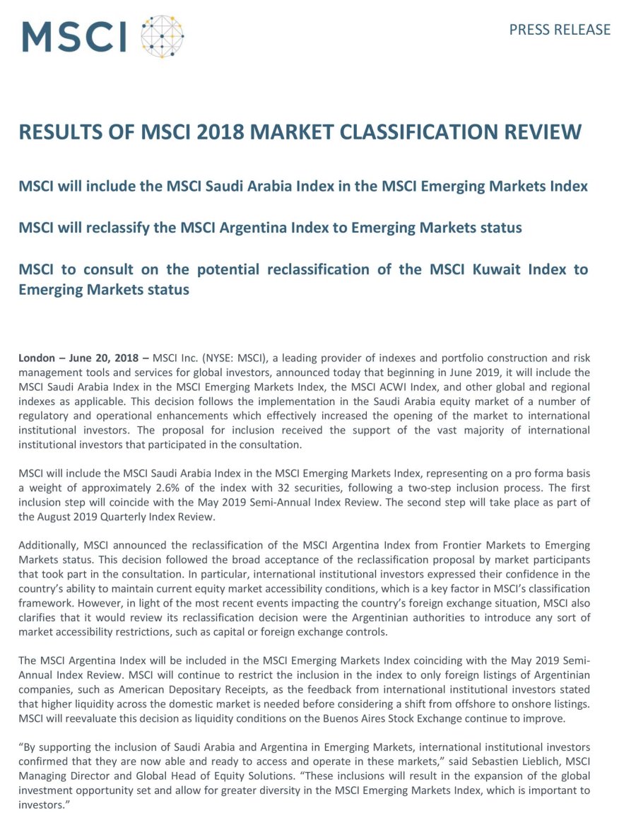 FOTO NA AVANCE. El documento de reclasificaci&oacute;n de la Argentina divulgado por el MSCI.