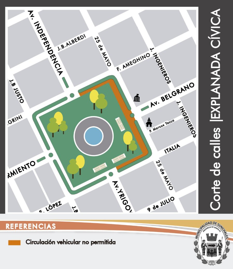 FOTO F. MELCHIORI// EXPLANADA CIVICA./ El sector que ya est&aacute; habilitado. PLANO./ Corte de calles en la segunda etapa.