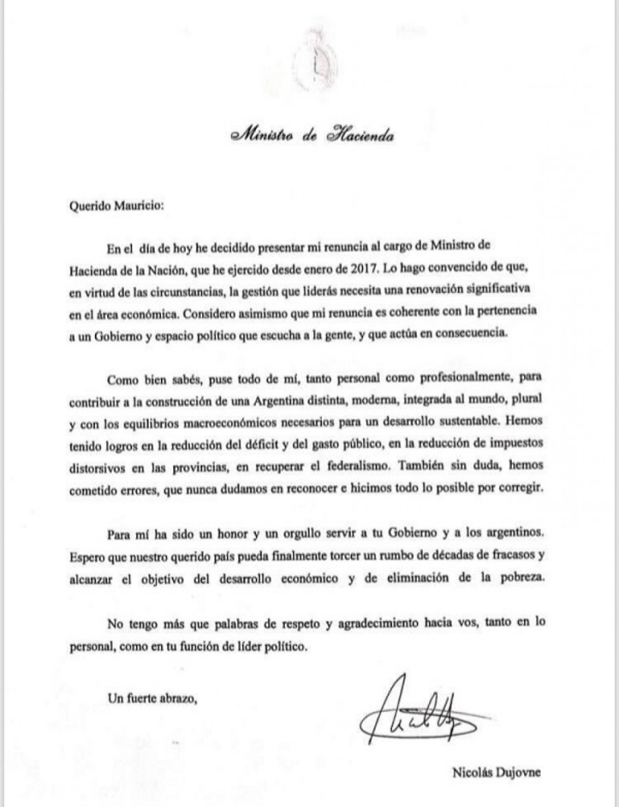 FOTO NA CARTA. Fue enviada por Dujovne a Macri.