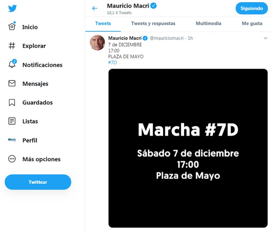 FOTO NA CONVOCATORIA. Macri confirm&oacute; la marcha en sus redes sociales.
