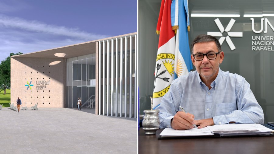 FOTO COMUNICACI&Oacute;N UNRAF// EDIFICIO./El proyecto de obra del primer edificio del campus puesta en marcha en 2019 y el Rector de la UNRaf, Dr. Rub&eacute;n Asc&uacute;a.