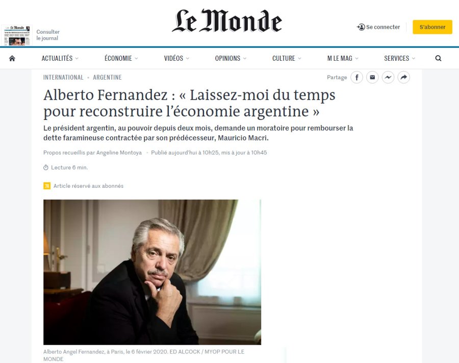 FOTO NA PORTADA. Le Monde al presentar la entrevista con Alberto Fern&aacute;ndez.