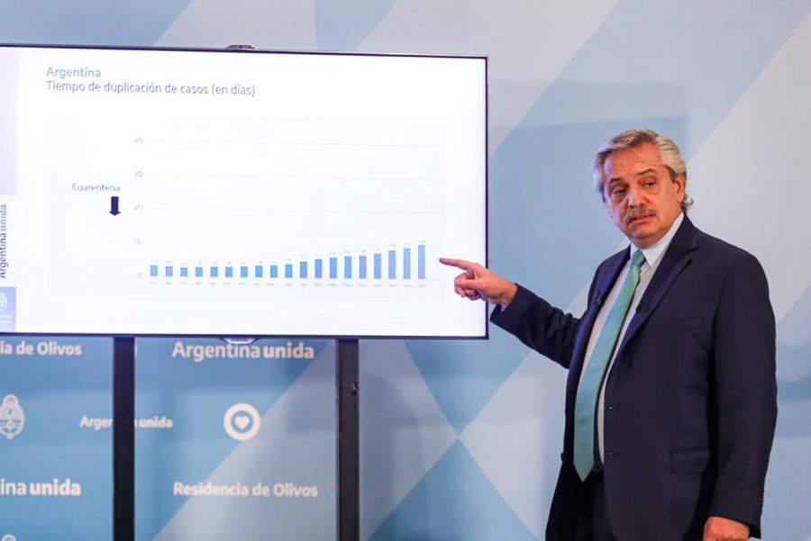 FOTO ARCHIVO REPORTE. En la primera parte de la exposici&oacute;n, el Presidente Fern&aacute;ndez se puso de pie y exhibi&oacute; gr&aacute;ficos en los cuales se vio la evoluci&oacute;n de los casos en Argentina.