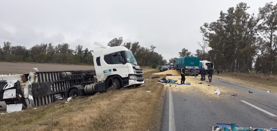 FOTO LA OPINION TERRIBLE IMPACTO. Uno de los camiones Scania qued&oacute; recostado sobre la cuneta.  FOTO LA OPINION DESTROZADO. Uno de los veh&iacute;culos desparram&oacute; su carga de cereal sobre la cinta asf&aacute;ltica.