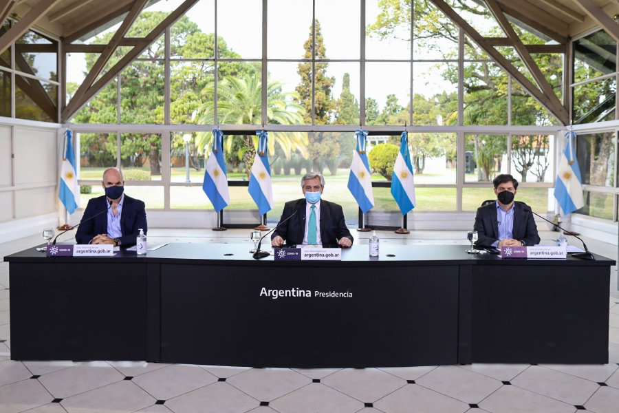 FOTO NA EN OLIVOS. Horacio Rodr&iacute;guez Larreta, Alberto Fern&aacute;ndez y Axel Kicillof.
