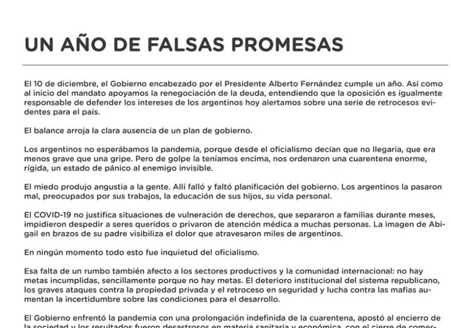 FOTO TWITTER DOCUMENTO. Juntos por el Cambio cuestion&oacute; en duros t&eacute;rminos al gobierno de Fern&aacute;ndez.