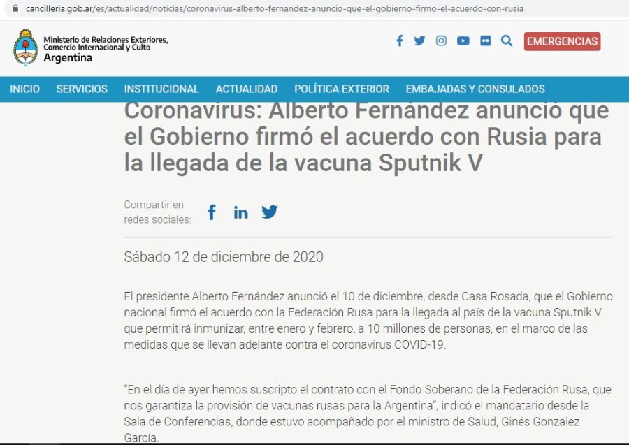 CAPTURA PANTALLA CANCILLERIA FERNANDEZ. El 12 de diciembre prometi&oacute; 10 millones de vacunas Sputnik para enero y febrero m&aacute;s otras 5 millones para marzo.