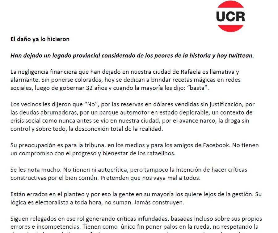El documento de la UCR rafaelina que cruz&oacute; las cr&iacute;ticas desde el peronismo.