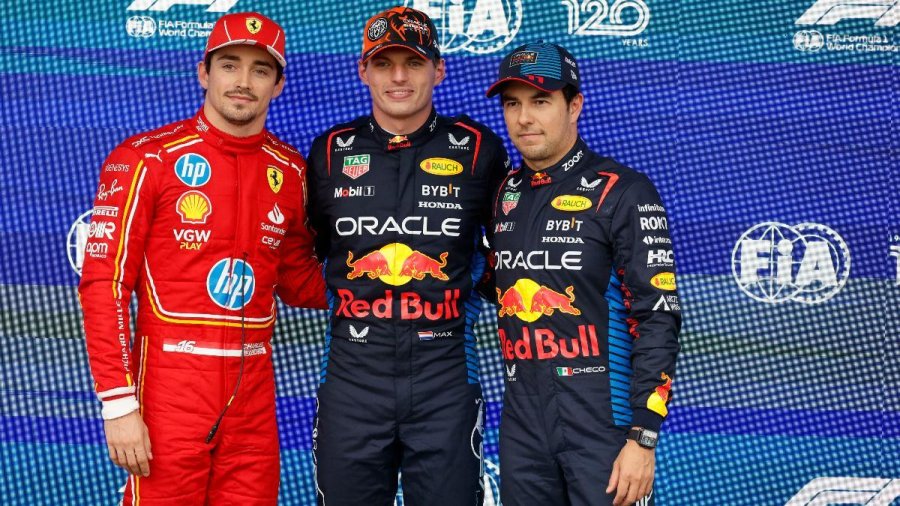 Leclerc (hered&oacute; la pole), Verstappen (largar&aacute; 11&deg;) y P&eacute;rez tras la clasificaci&oacute;n en B&eacute;lgica.