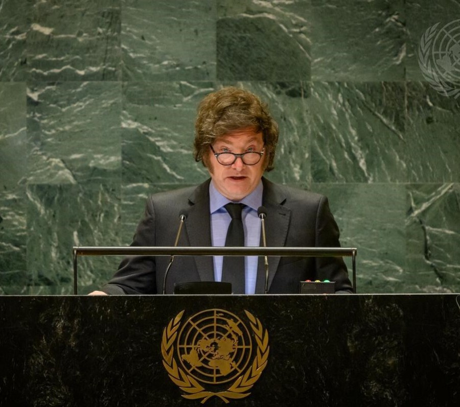 JAVIER MILEI. Al pronunciar su discurso, el &uacute;ltimo martes, ante la Asamblea General de la ONU, en Nueva York.