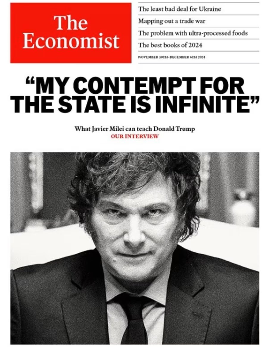 THE ECONOMIST. La publicaci&oacute;n brit&aacute;nica pone en su tapa una foto del presidente Milei en blanco y negro, con el texto: "Mi desprecio por el Estado es infinito".