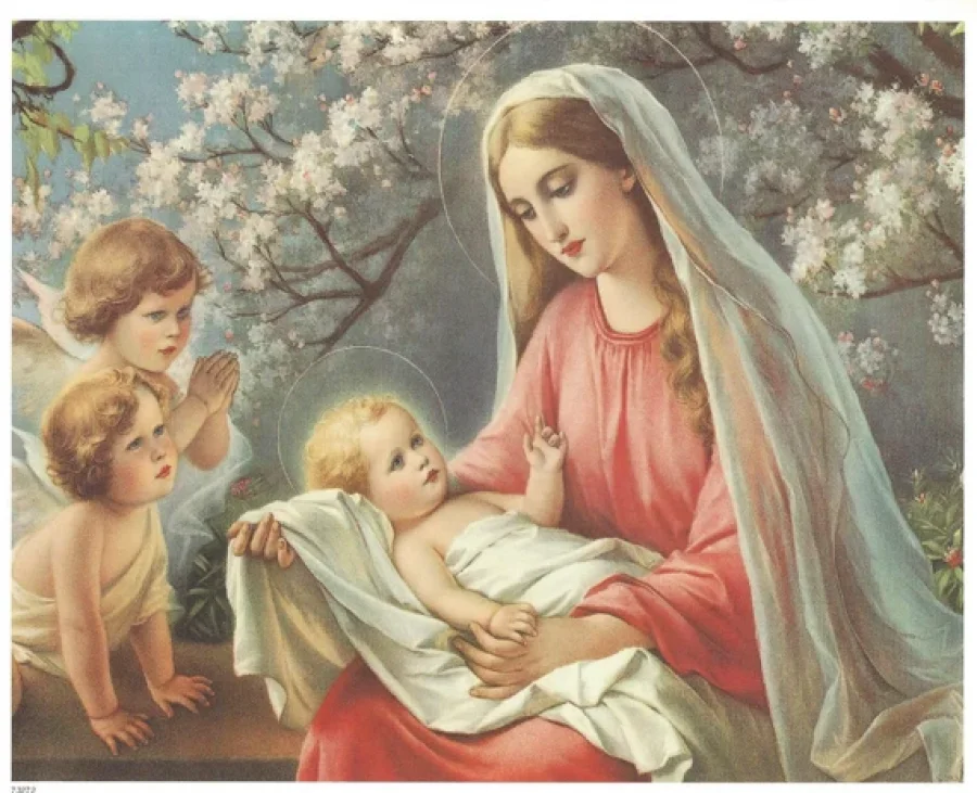 Dos &aacute;ngeles observan a Jes&uacute;s y Mar&iacute;a.