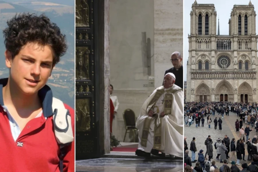 Carlo Acutis (izquierda), Papa Francisco abriendo la Puerta Santa en la Bas&iacute;lica de San Pedro (centro), reapertura de la Catedral de Notre Dame (derecha).