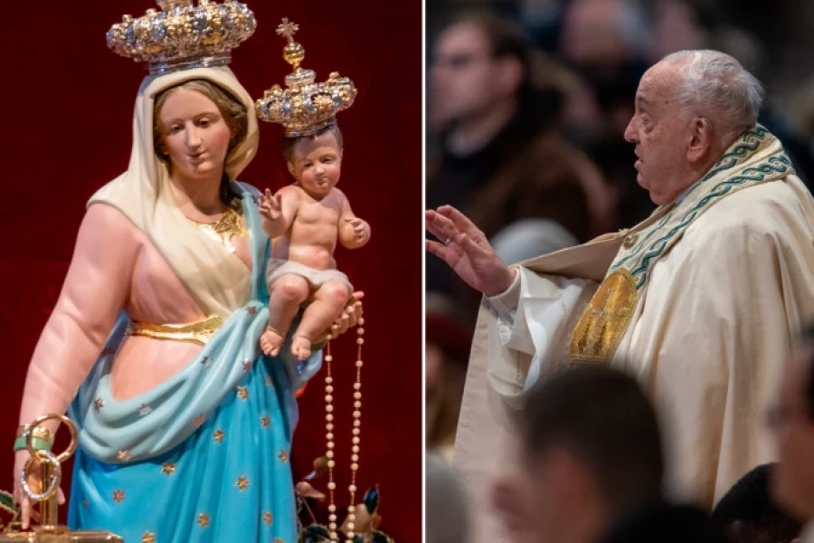 Imagen de la Virgen Mar&iacute;a y el Ni&ntilde;o Jes&uacute;s en la Bas&iacute;lica de San Pedro, y el Papa Francisco.