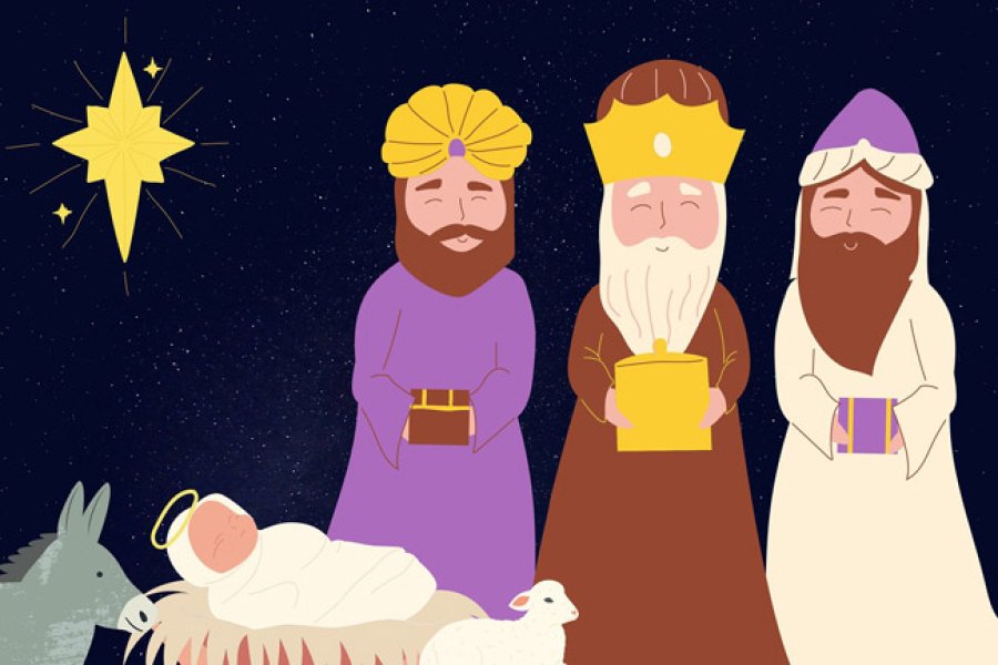 Dibujo representando la adoraci&oacute;n de los tres Reyes Magos al Ni&ntilde;o Jes&uacute;s.