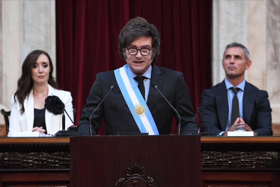 Milei, Victoria Villarruel y Mart&iacute;n Menem durante la apertura de sesiones ordinarias del Congreso.