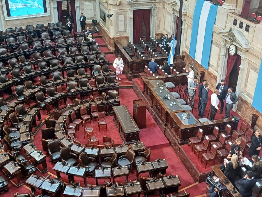 Detr&aacute;s del atril hay una caja envuelta con alfombra roja, donde se par&oacute; Milei para parecer m&aacute;s alto.