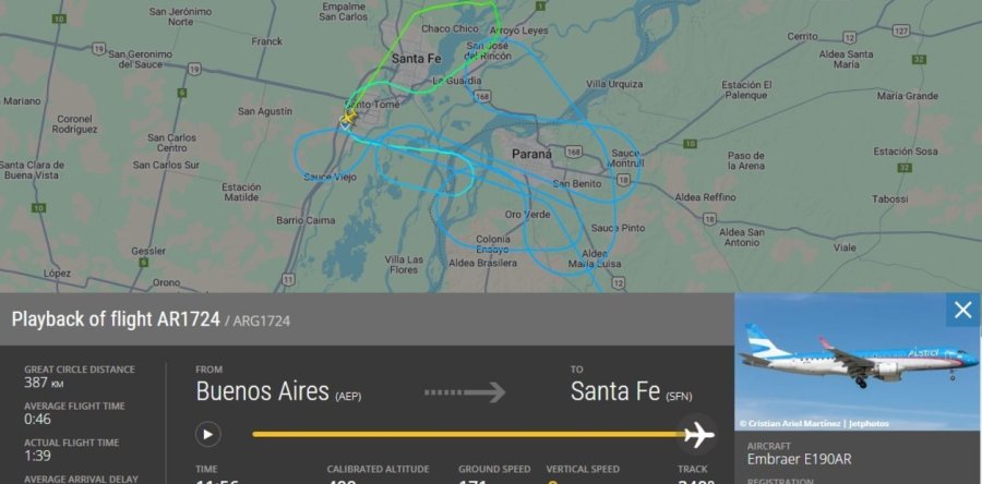 INS&Oacute;LITO. El itinerario del avi&oacute;n para "hacer tiempo" hasta poder aterrizar en Sauce Viejo.