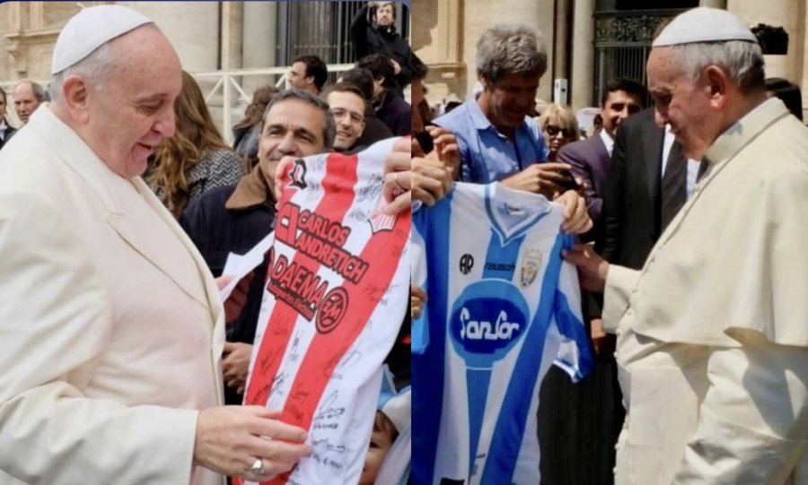 EL PAPA FRANCISCO RECIBIENDO LA REMERA DE 9 DE JULIO Y ATL&Eacute;TICO DE RAFAELA