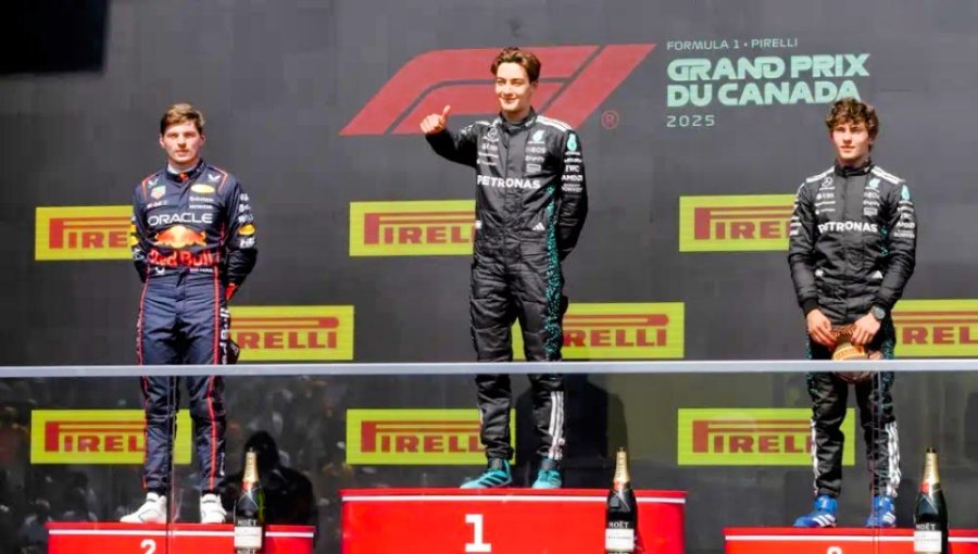 Max Verstappen (2&deg;), George Russell (1&deg;) y Andrea Antonelli (3&deg;) en el podio de Canad&aacute;.
