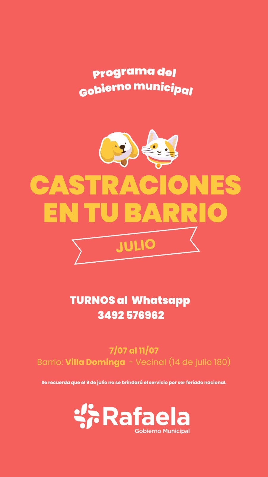 Durante estas jornadas, &uacute;nicamente se realizar&aacute;n castraciones; no habr&aacute; atenci&oacute;n primaria disponible.
