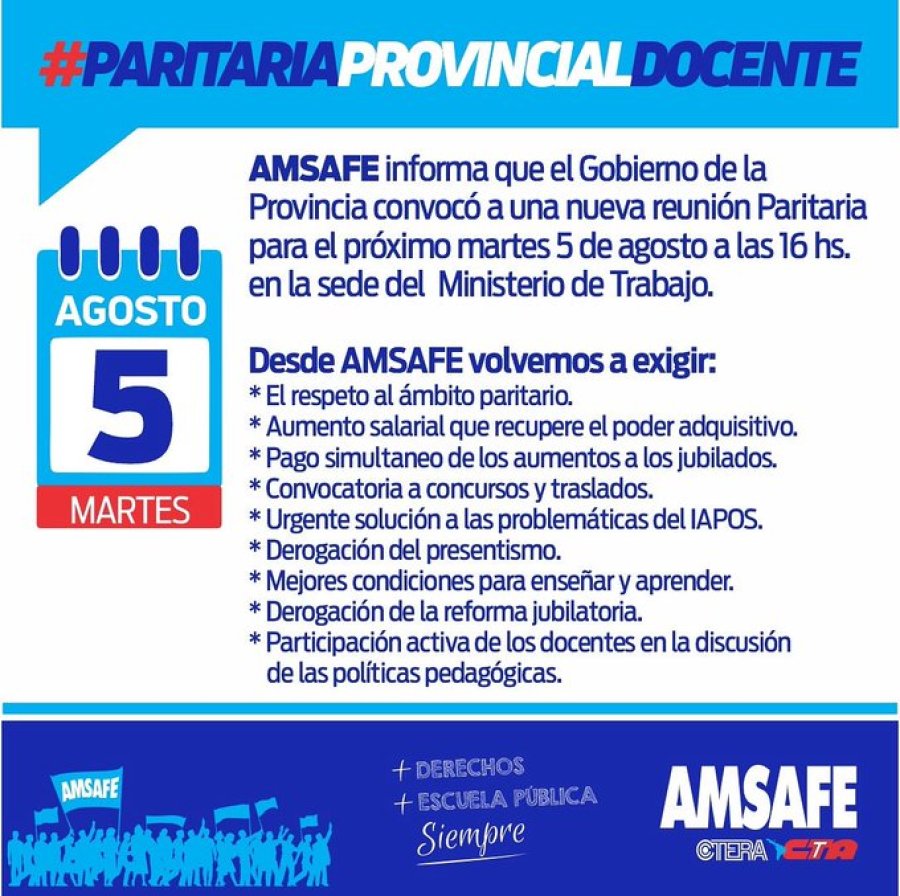 &iquest;HABRA ACUERDO?. Mientras la Provincia ultima detalles de la oferta salarial que presentar&aacute; ma&ntilde;ana a los gremios, desde Amsafe piden una urgente recomposici&oacute;n salarial, entre otras exigencias.