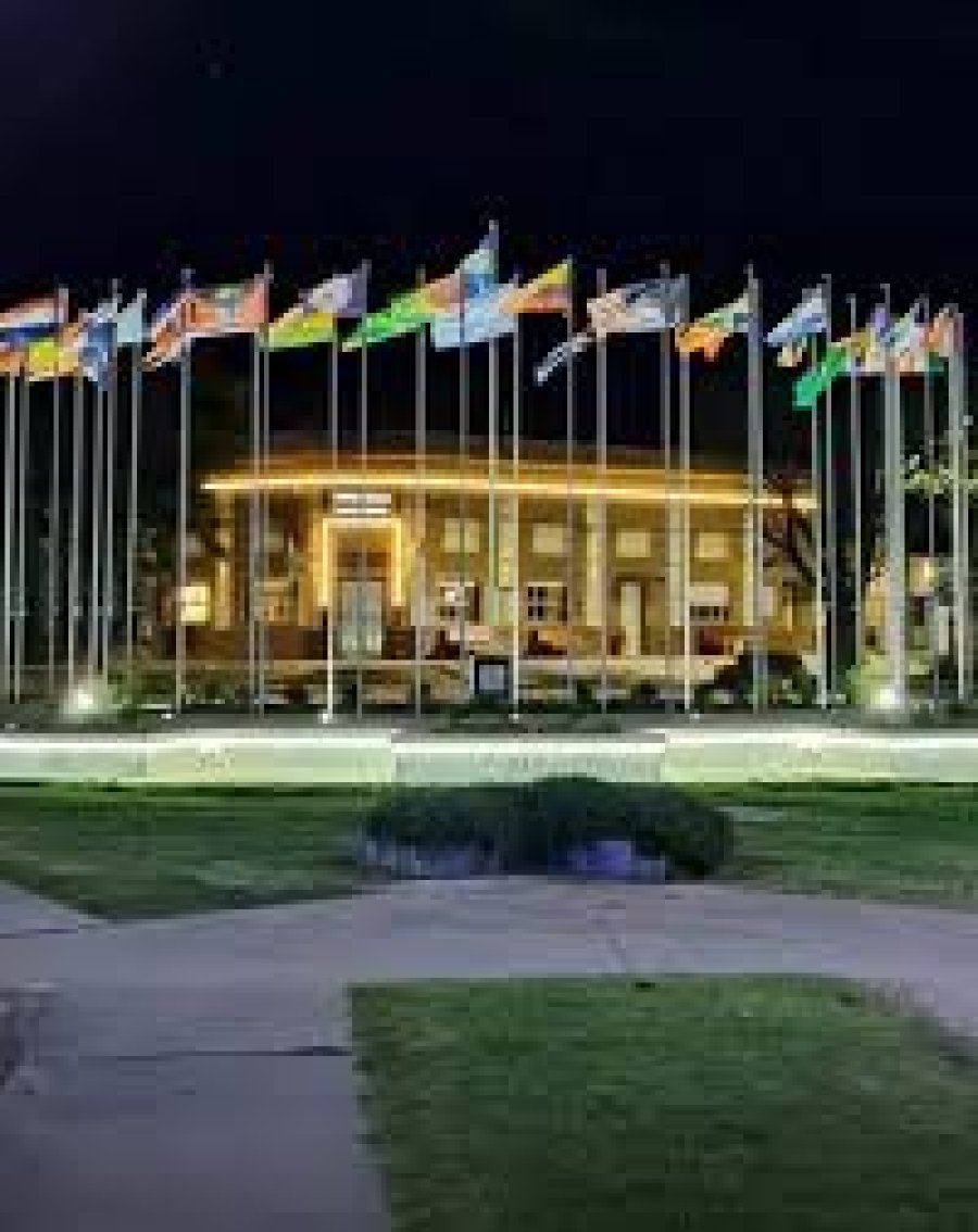 Plaza Clucellas: las banderas custodian la poblaci&oacute;n.