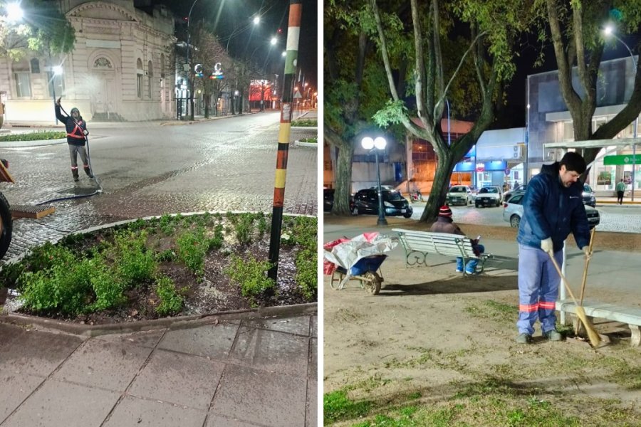 EN EL CENTRO. Contin&uacute;an las tareas de limpieza, barrido y recolecci&oacute;n de residuos tras los festejos del domingo por el D&iacute;a de las Infancias.