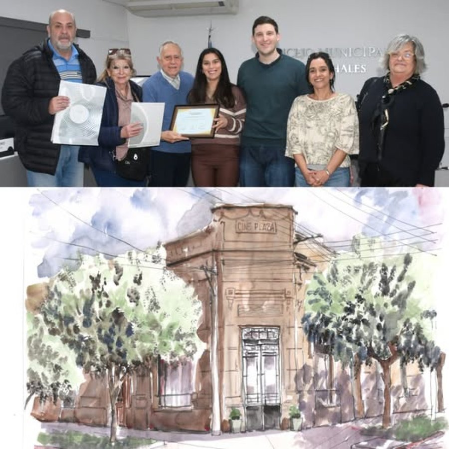 Integrantes de la instituci&oacute;n junto a los ediles y acuarela del edificio, obra de Gustavo Pueyo.