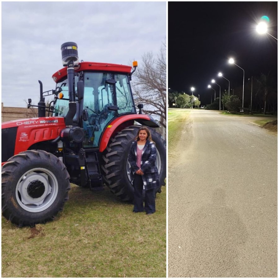 Luciana OPeter junto al nuevo tractor y la nueva iluminaci&oacute;n.