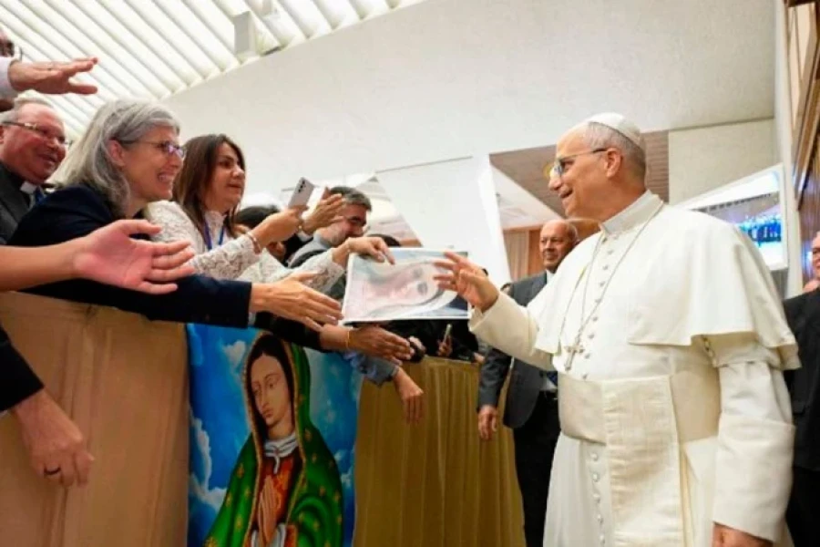 El Papa Le&oacute;n XIV saluda a participantes del 26&deg; congreso de la Academia Mariana en el Aula Pablo VI.
