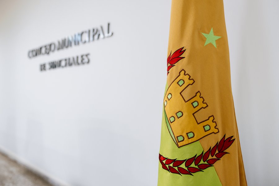 Pabell&oacute;n sunchalense que junto a las Banderas nacional y provincial presiden el recinto de sesiones.