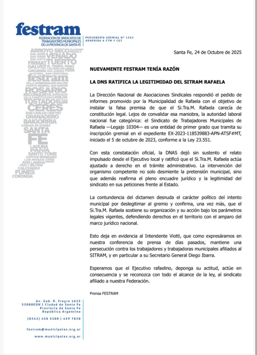 EL COMUNIDADO. FESTRAM ya asegura que el Ministerio de Trabajo ratific&oacute; la legalidad del SITRAM Rafaela.