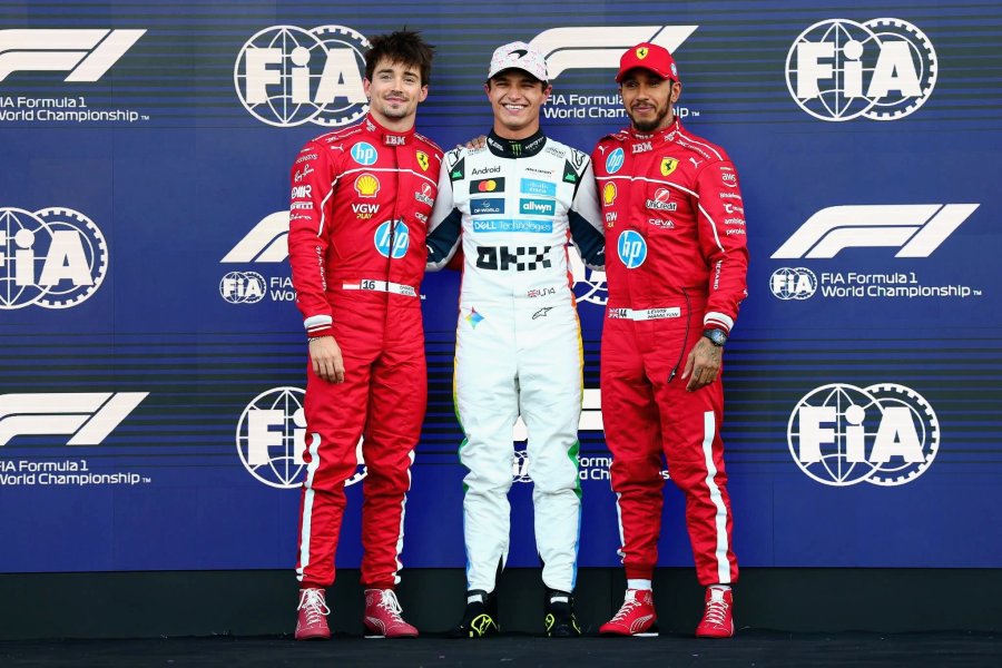 Los tres mejores: Charles Leclerc (2&deg;), Lando Norris (1&deg;) y Lewis Hamilton (3&deg;).