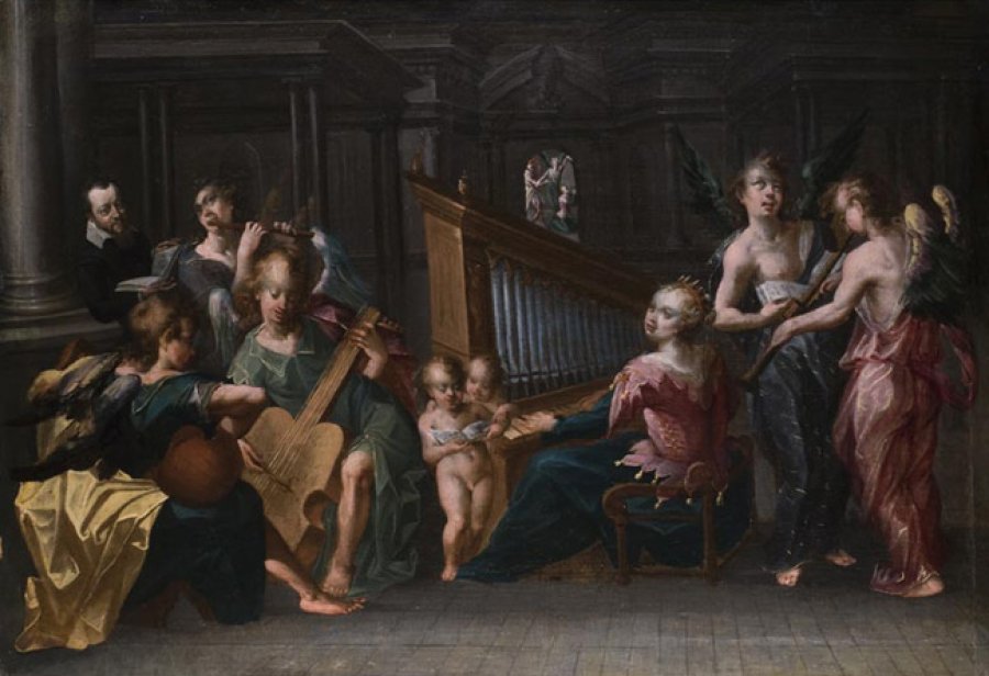 Santa Cecilia con un coro de &Aacute;ngeles. An&oacute;nimo. Siglo XVII
