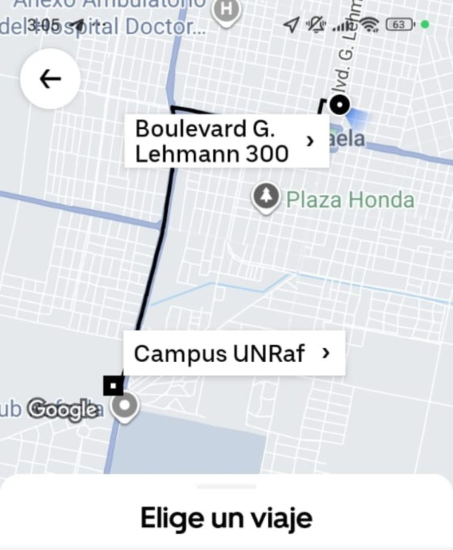 La aplicaci&oacute;n de Uber con el mapa de Rafaela.