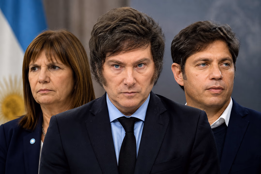 El presidente Javier Milei, la senadora Patricia Bullrich y el gobernador bonaerense Axel Kicillof.