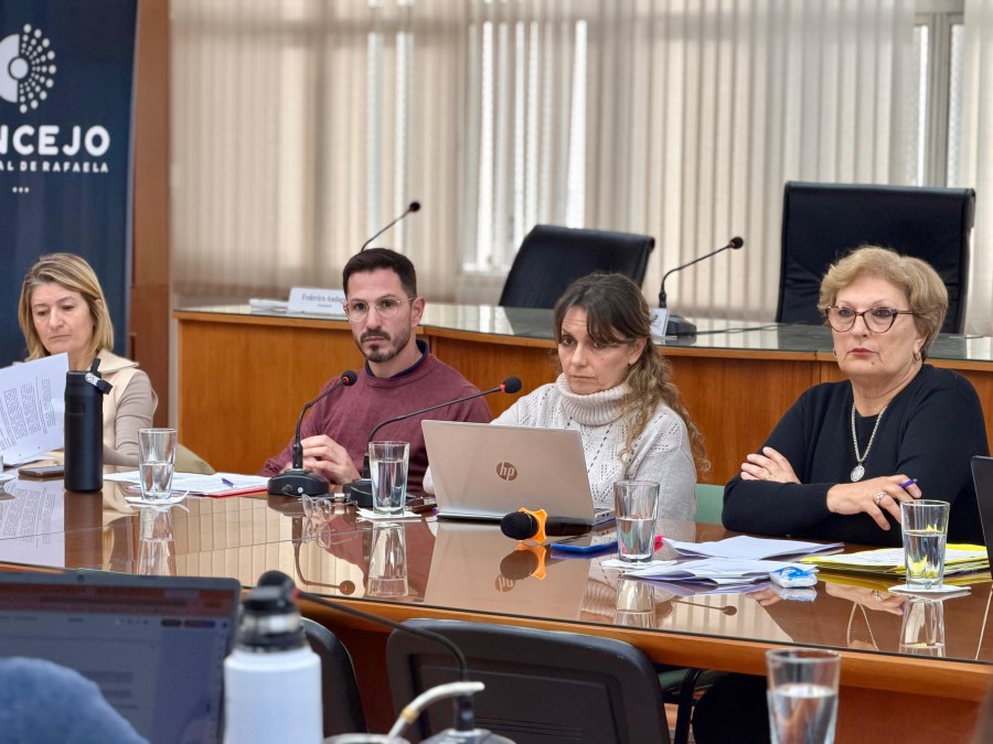 Alejandra Barbieri, Juan Pablo Aversa, Silvina Bravino y la presidente del Concejo, Mabel Fossatti, este martes por la ma&ntilde;ana en el recinto legislativo.